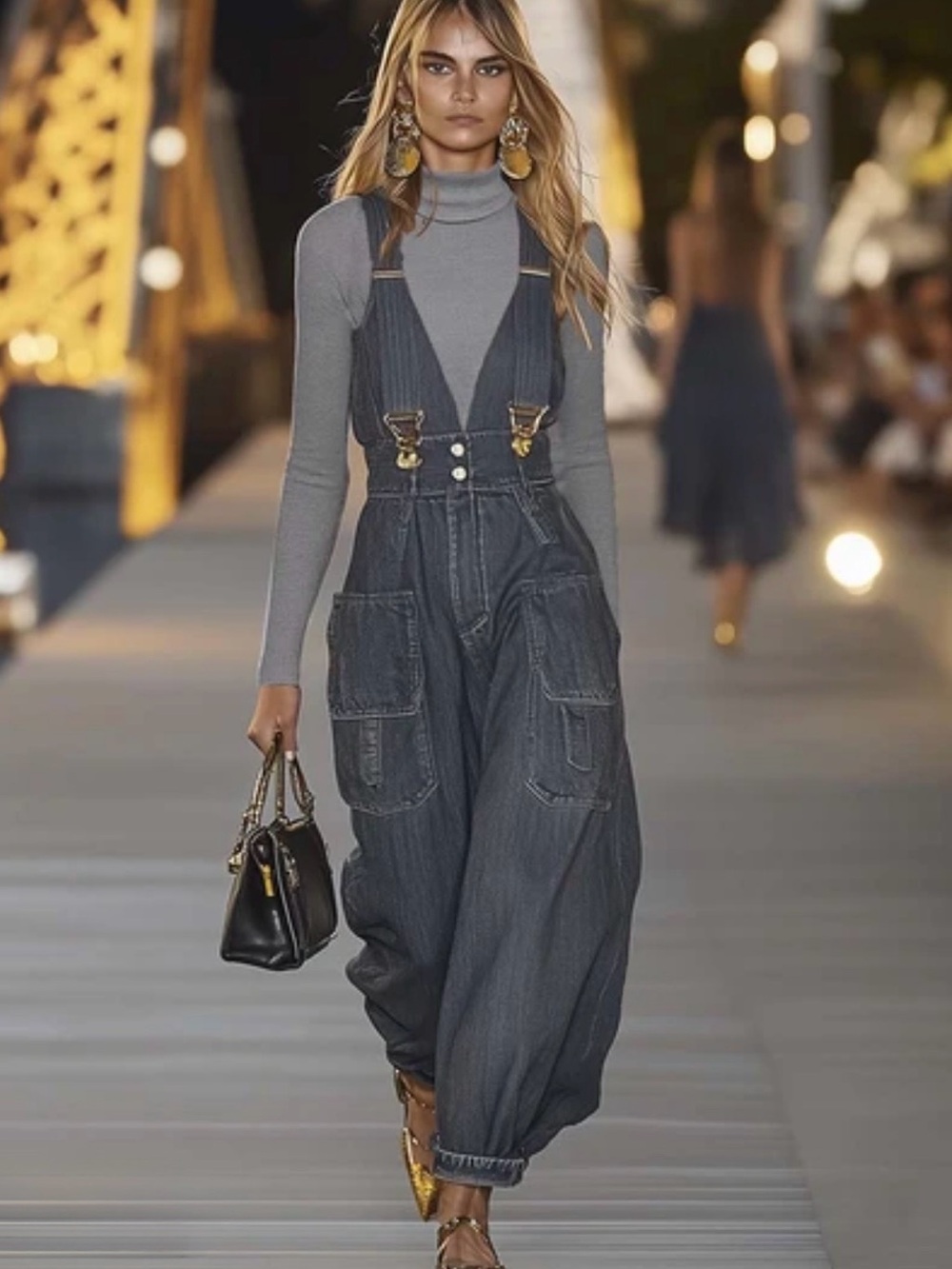 OYROSY Denim Cargo Jumpsuit M Black Gray Barrel Leg Overalls NWT